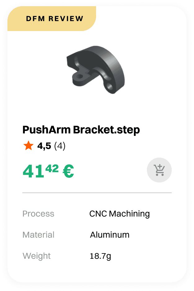 Sample component card: PushArm Bracket, CNC machined aluminium
