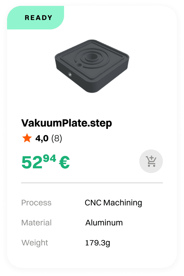 Sample component card: MountingPlate V1, CNC machined aluminium
