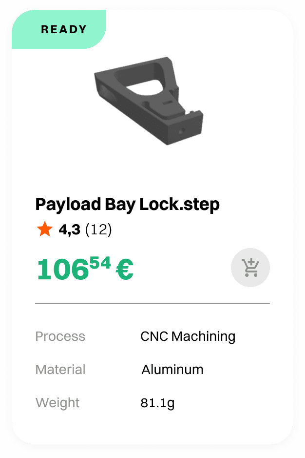 Sample component card: Payload Bay Lock, CNC machined aluminium