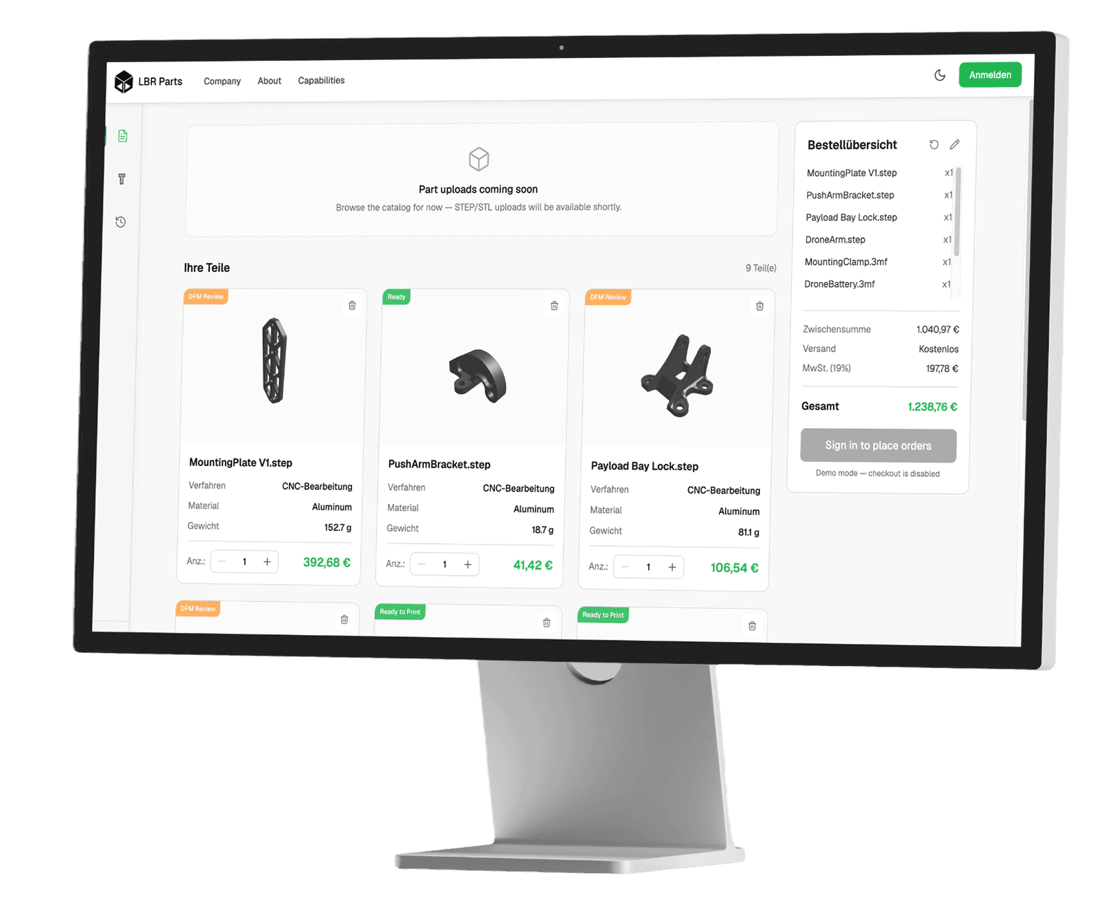 LBR.parts web platform showing parts, prices and an order summary